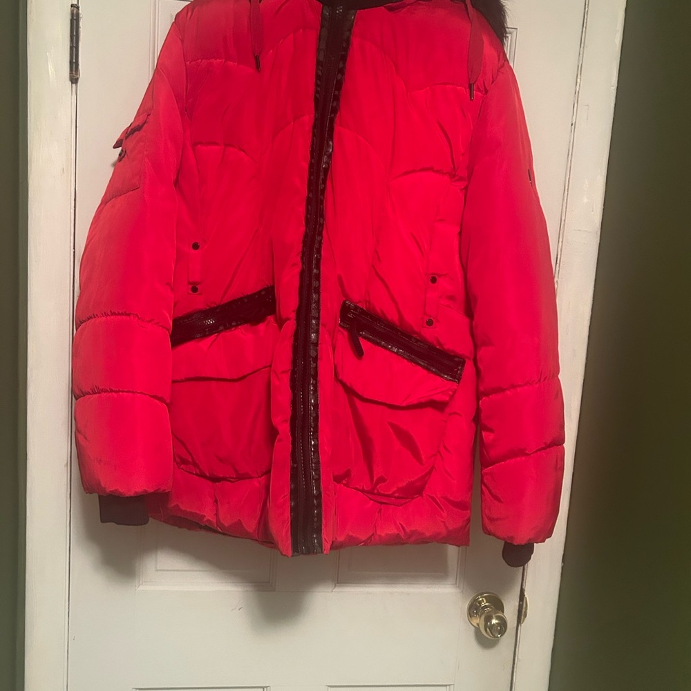 XOXO Red Puffer Jacket with Black Accents Fur Inside and Fur Hood Trim.